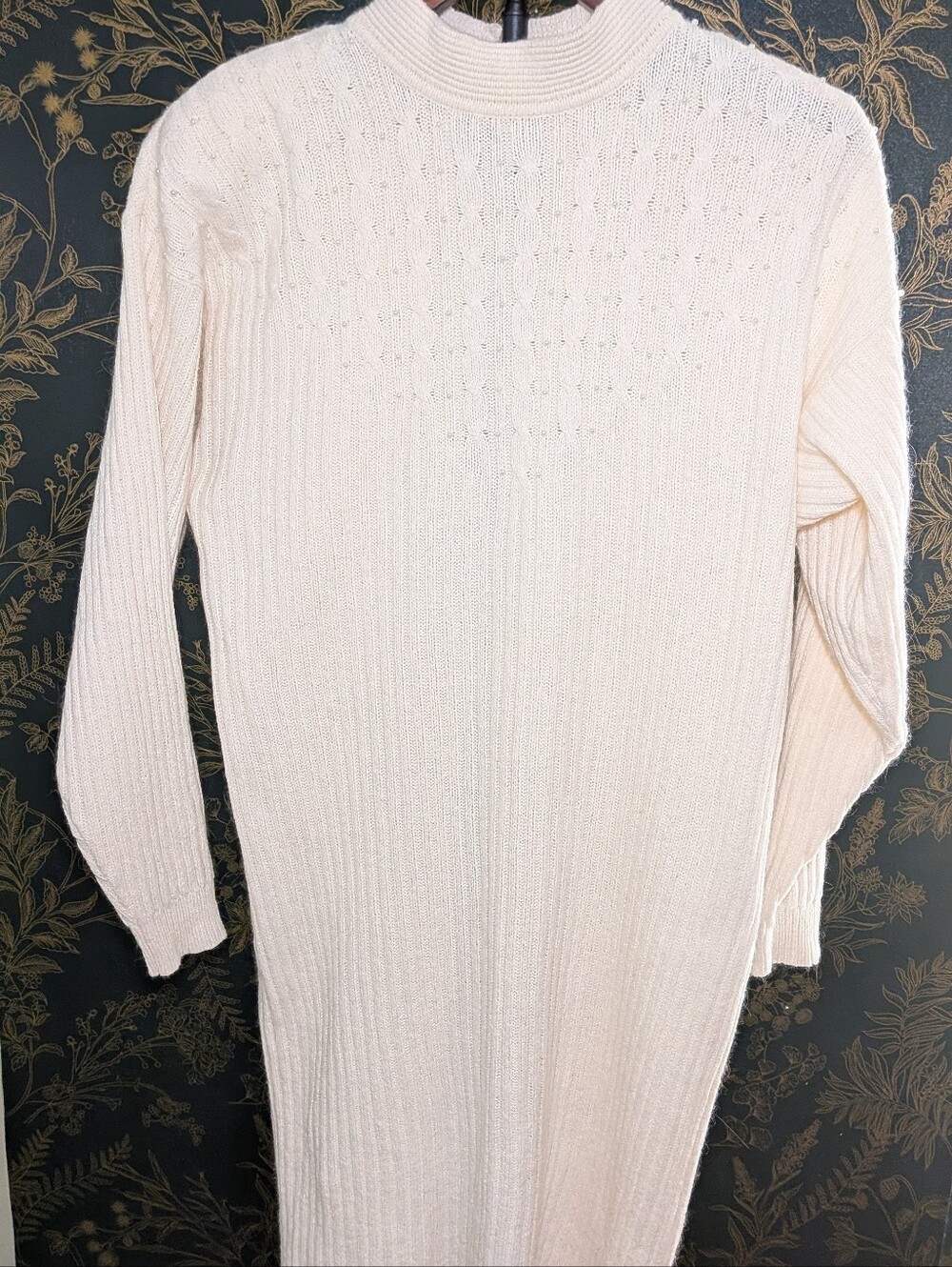 Vintage Maggie Lawrence Pearl Cable Knit Turtleneck Sweater Dress L